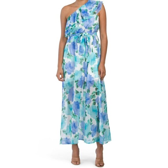 NWT DALIA MACPHEE Women's Ruffle One Shoulder Floral Print Maxi Dress - Picture 1 of 6
